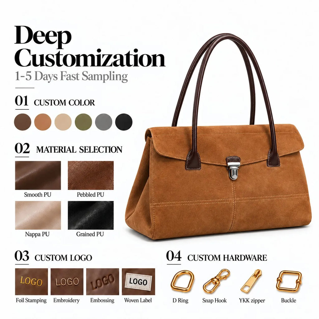 Wholesale Custom Logo Brown Suede Flap Large Capacity Tote Bag Shoulder Bag in Suede PU Leather for Women Work Travel
