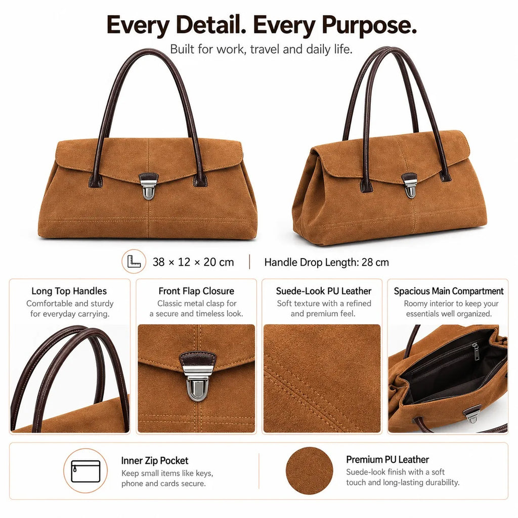 Wholesale Custom Logo Brown Suede Flap Large Capacity Tote Bag Shoulder Bag in Suede PU Leather for Women Work Travel