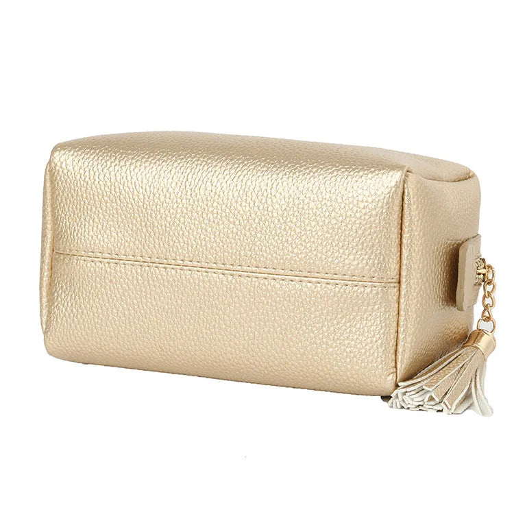 Wholesale Elegant Korean Travel Plain Faux Leather Makeup Pouch Gold Zipper Pink Cosmetic Bag With Tassel
