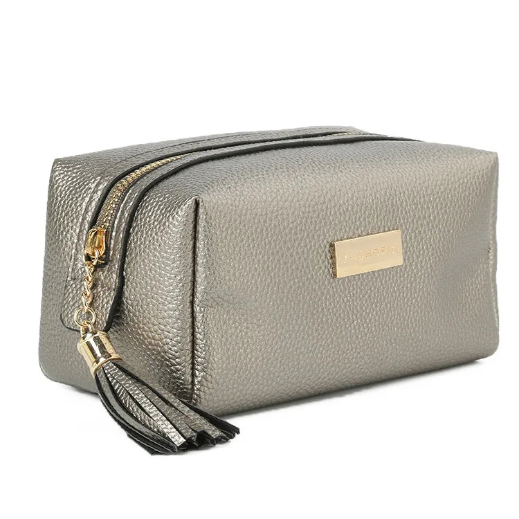 Wholesale Elegant Korean Travel Plain Faux Leather Makeup Pouch Gold Zipper Pink Cosmetic Bag With Tassel