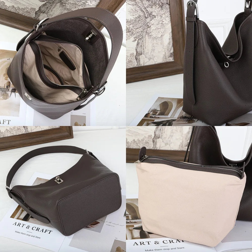 Wholesale Genuine Leather Bucket Bags Simple Leisure Soft Cowhide Women's Shoulder Bags Crossbody Bags OEM ODM