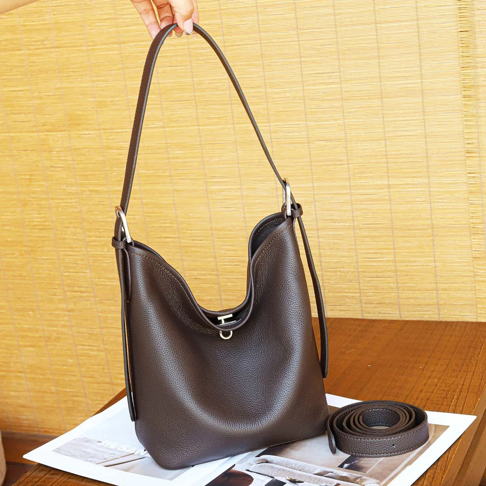 Wholesale Genuine Leather Bucket Bags Simple Leisure Soft Cowhide Women's Shoulder Bags Crossbody Bags OEM ODM