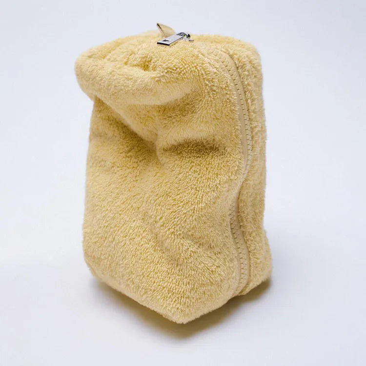 Wholesale Kawaii Mini Brown Quilted Towel Cosmetic Pouch Sustainable Terry Cloth Makeup Bag