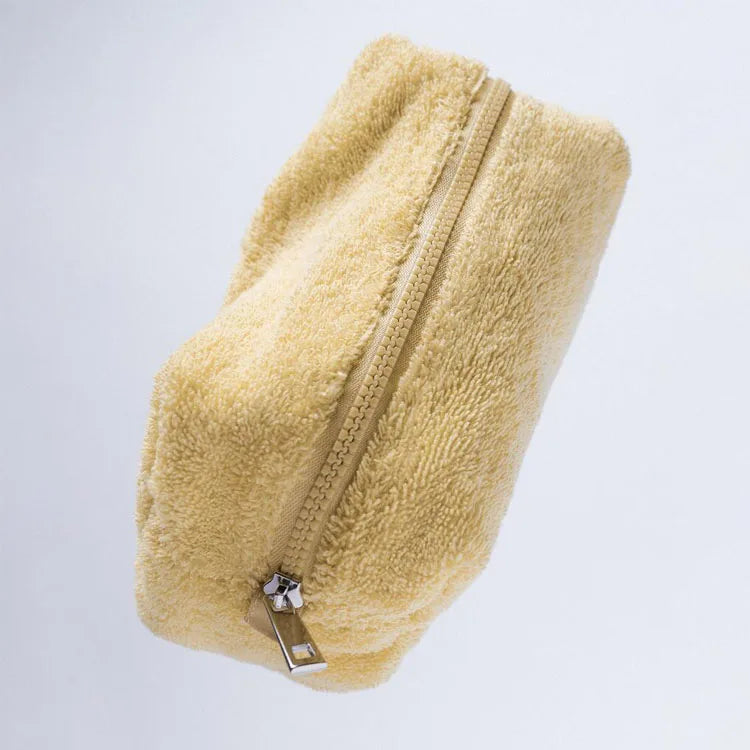 Wholesale Kawaii Mini Brown Quilted Towel Cosmetic Pouch Sustainable Terry Cloth Makeup Bag