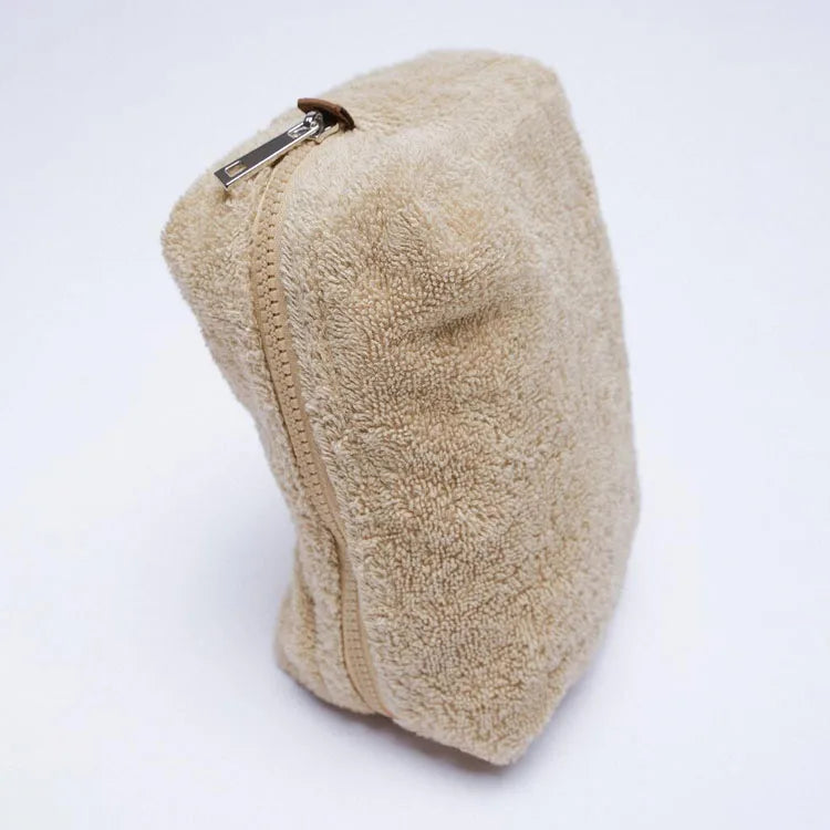 Wholesale Kawaii Mini Brown Quilted Towel Cosmetic Pouch Sustainable Terry Cloth Makeup Bag