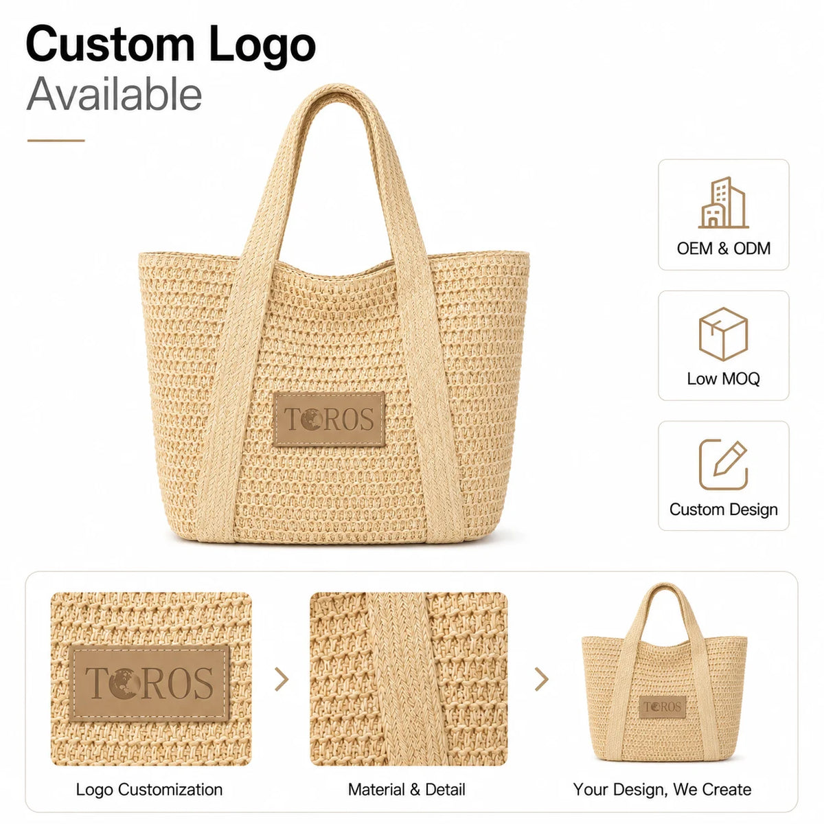 Wholesale Large Handmade Woven Straw Tote Bag Open Top Beach Shopper Handbag with Custom Leather Logo OEM Bulk Supply