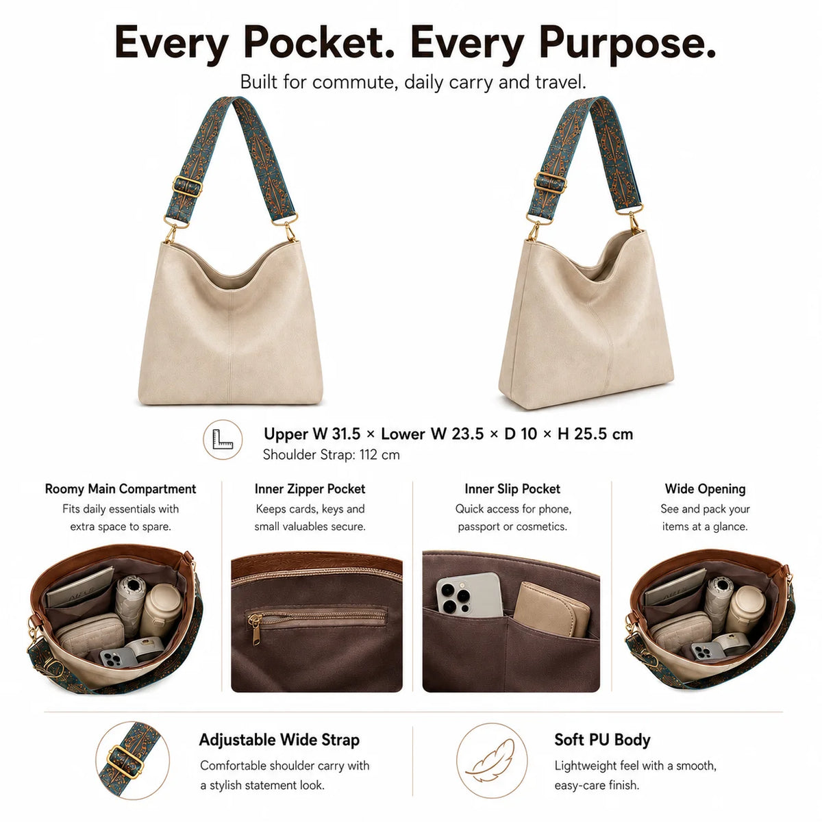Wholesale PU Leather Crescent Shoulder Bag Pebbled Texture Wide Patterned Strap Gold-Tone Hardware Hobo Handbag