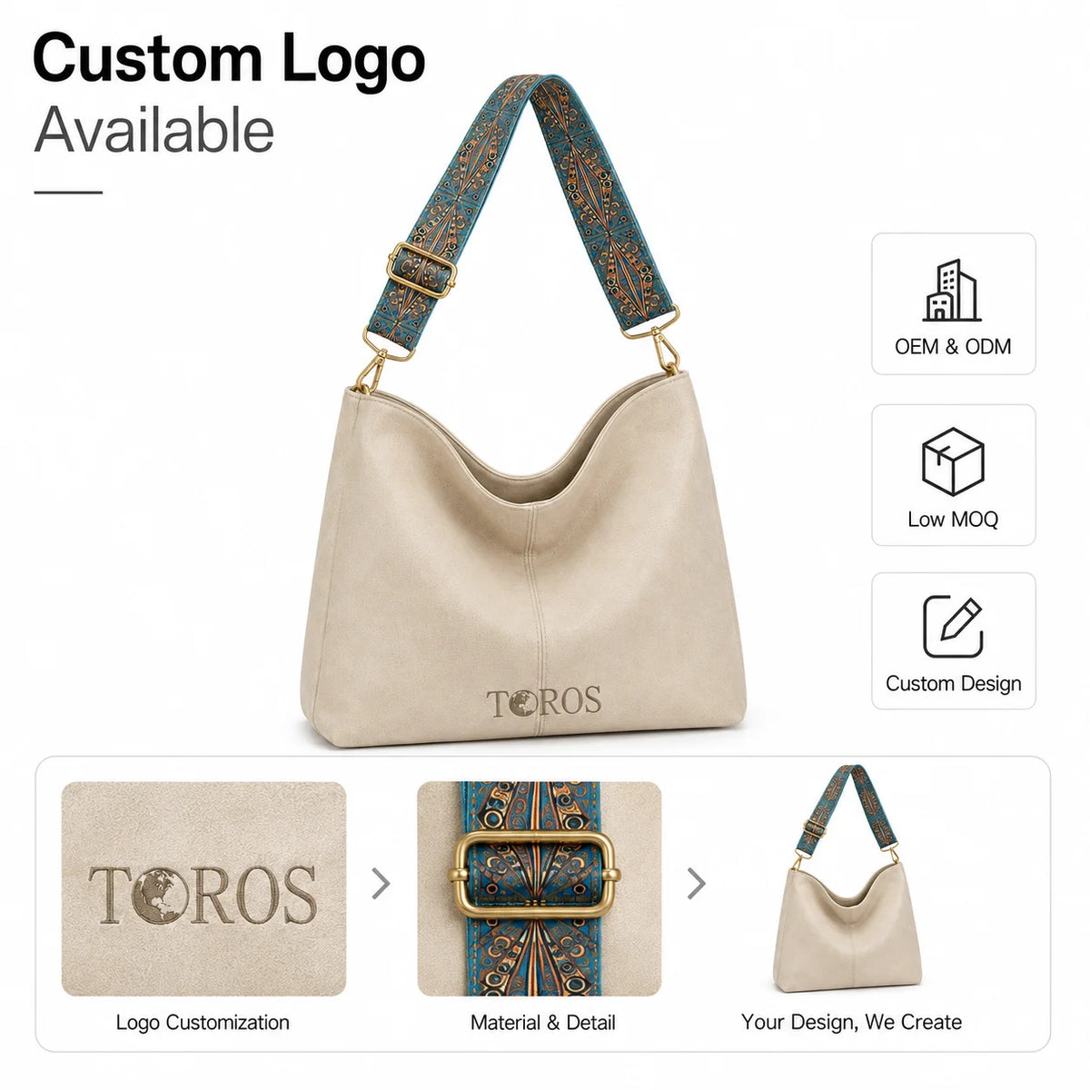 Wholesale PU Leather Crescent Shoulder Bag Pebbled Texture Wide Patterned Strap Gold-Tone Hardware Hobo Handbag