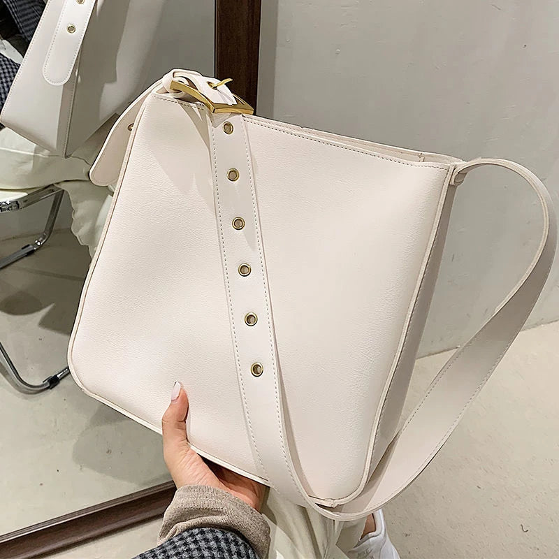 Wholesale PU Leather Shoulder Bag Decorative Strap Square Metal Buckle Wide Flat Strap Structured Rectangular Handbag