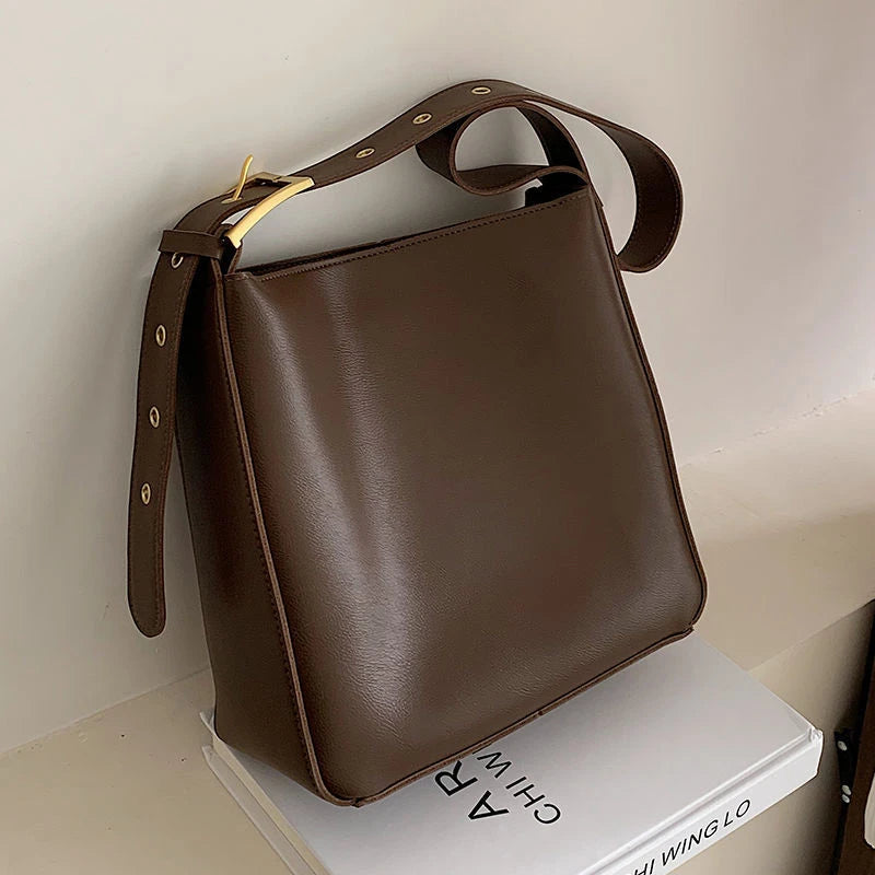 Wholesale PU Leather Shoulder Bag Decorative Strap Square Metal Buckle Wide Flat Strap Structured Rectangular Handbag