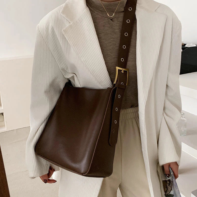 Wholesale PU Leather Shoulder Bag Decorative Strap Square Metal Buckle Wide Flat Strap Structured Rectangular Handbag