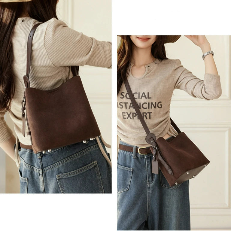 Wholesale Suede Bags Cross Border Sales Nubuck Cowhide Women's Shoulder Bags Crossbody Bag Genuine Leather Bucket Bags for Women