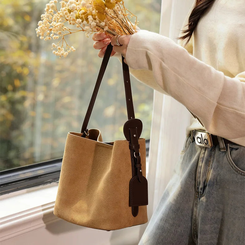 Wholesale Suede Bags Cross Border Sales Nubuck Cowhide Women's Shoulder Bags Crossbody Bag Genuine Leather Bucket Bags for Women