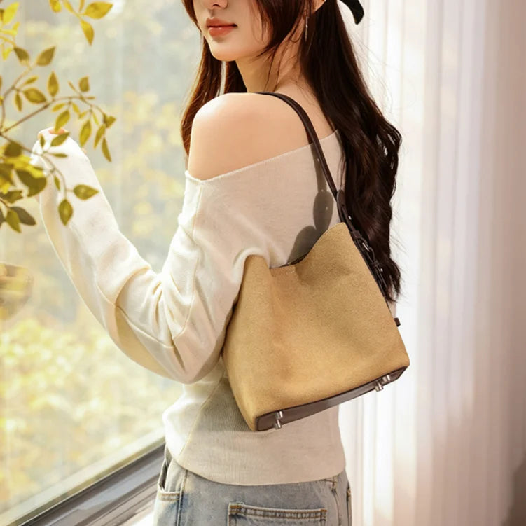 Wholesale Suede Bags Cross Border Sales Nubuck Cowhide Women's Shoulder Bags Crossbody Bag Genuine Leather Bucket Bags for Women