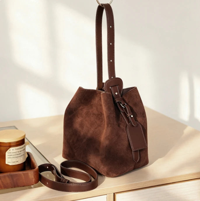 Wholesale Suede Bags Cross Border Sales Nubuck Cowhide Women's Shoulder Bags Crossbody Bag Genuine Leather Bucket Bags for Women