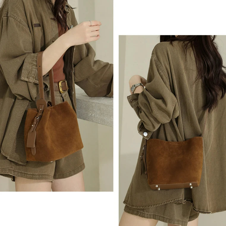 Wholesale Suede Bags Cross Border Sales Nubuck Cowhide Women's Shoulder Bags Crossbody Bag Genuine Leather Bucket Bags for Women
