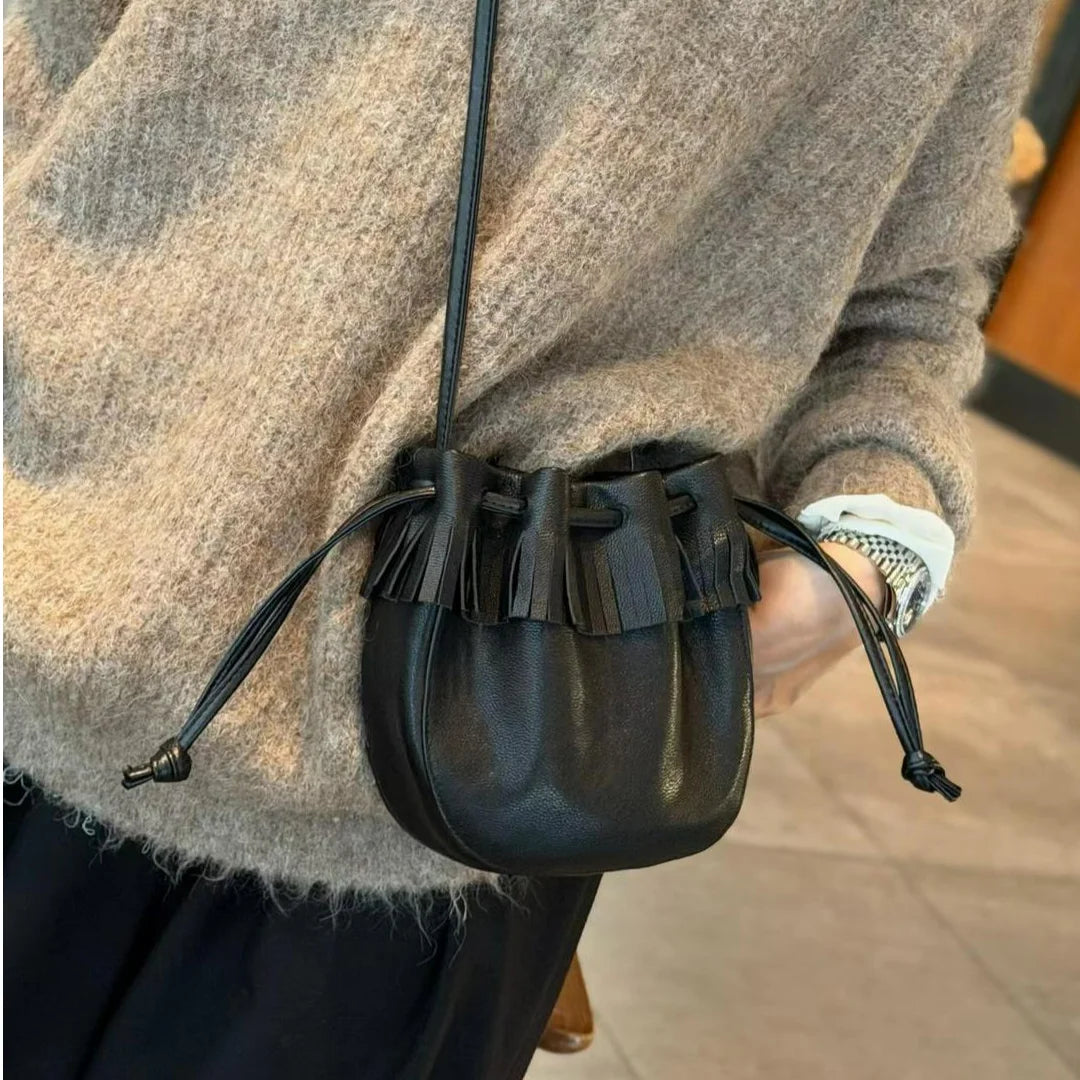 Wholesale or Custom Genuine Leather Women's Crossbody Bag Small Bag Mobile Phone Bag Soft Sheepskin Drawstring Bucket Bags