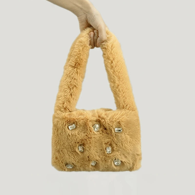 Winter Trending Furry Shoulder Bag Designer Fashion Trends Ladies Handbags With Diamond