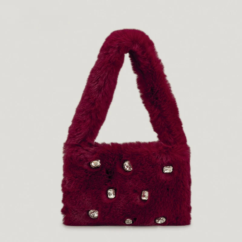 Winter Trending Furry Shoulder Bag Designer Fashion Trends Ladies Handbags With Diamond