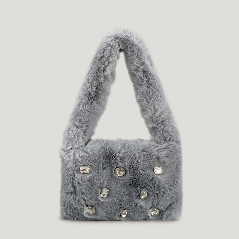 Winter Trending Furry Shoulder Bag Designer Fashion Trends Ladies Handbags With Diamond