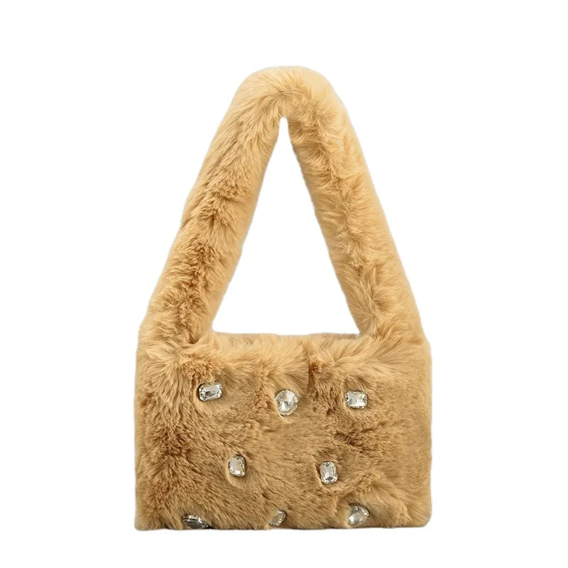 Winter Trending Furry Shoulder Bag Designer Fashion Trends Ladies Handbags With Diamond