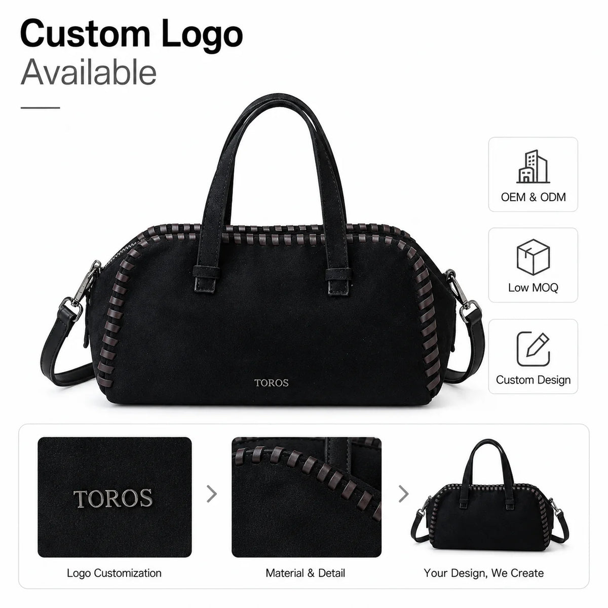 Women Black Handbag Woven Trim Top Handle Shoulder Tote Bag Casual Daily Bag OEM Custom Wholesale