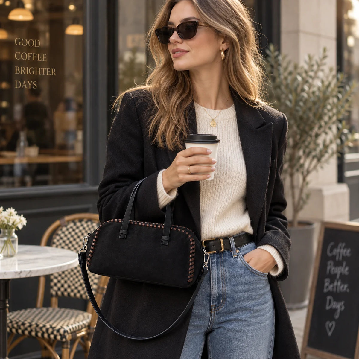 Women Black Handbag Woven Trim Top Handle Shoulder Tote Bag Casual Daily Bag OEM Custom Wholesale