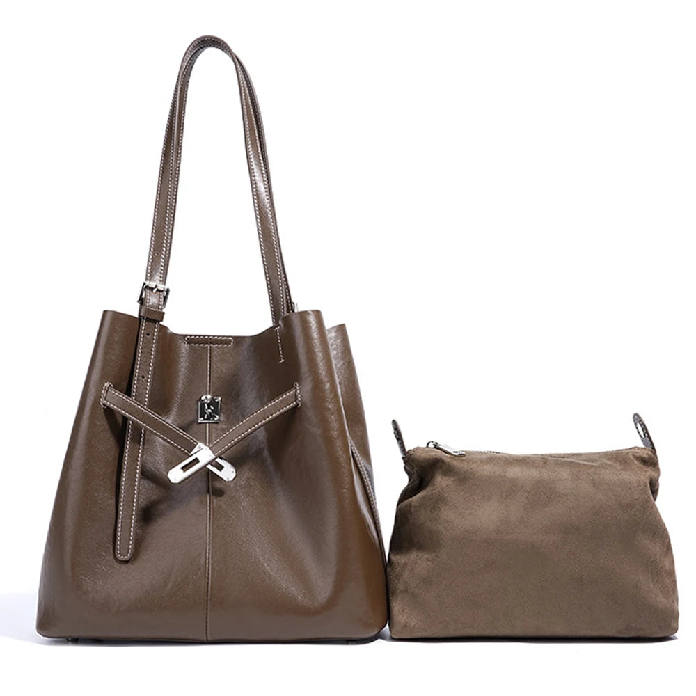 Women Genuine Leather Shoulder Bucket Bags Custom Wholesale Manufacturers ODM Ladies Retro Luxury Large Capacity Shoulder Bags