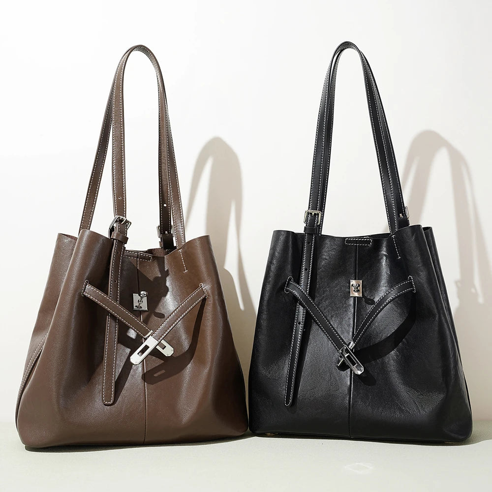 Women Genuine Leather Shoulder Bucket Bags Custom Wholesale Manufacturers ODM Ladies Retro Luxury Large Capacity Shoulder Bags