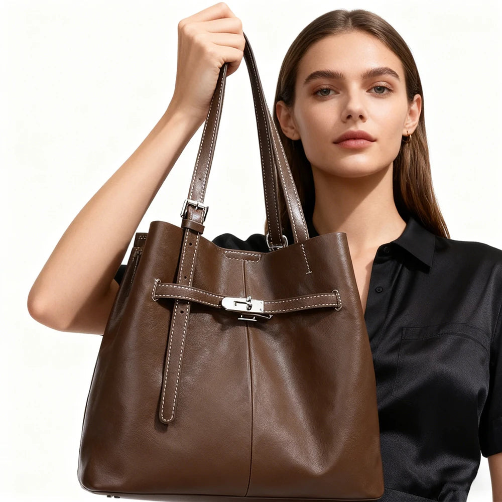 Women Genuine Leather Shoulder Bucket Bags Custom Wholesale Manufacturers ODM Ladies Retro Luxury Large Capacity Shoulder Bags