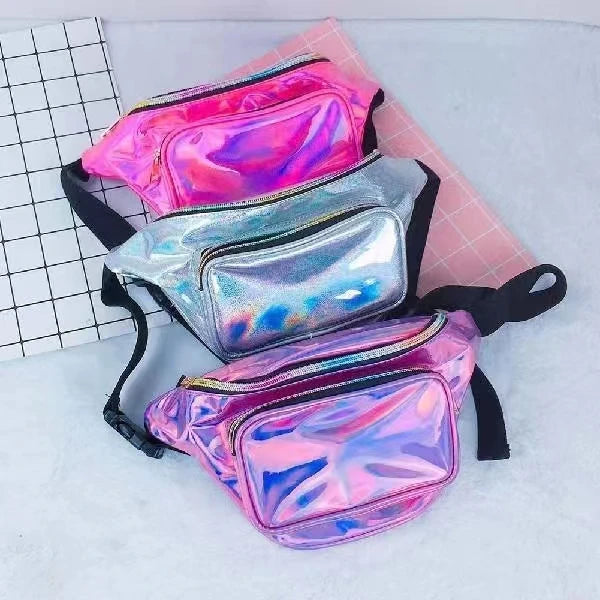 Women Men Pink Holographic Fanny Pack Fashion Rave Waist Bag with Adjustable Belt