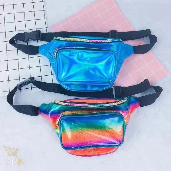 Women Men Pink Holographic Fanny Pack Fashion Rave Waist Bag with Adjustable Belt