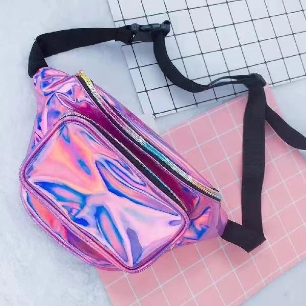 Women Men Pink Holographic Fanny Pack Fashion Rave Waist Bag with Adjustable Belt