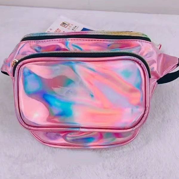 Women Men Pink Holographic Fanny Pack Fashion Rave Waist Bag with Adjustable Belt