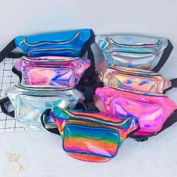 Women Men Pink Holographic Fanny Pack Fashion Rave Waist Bag with Adjustable Belt
