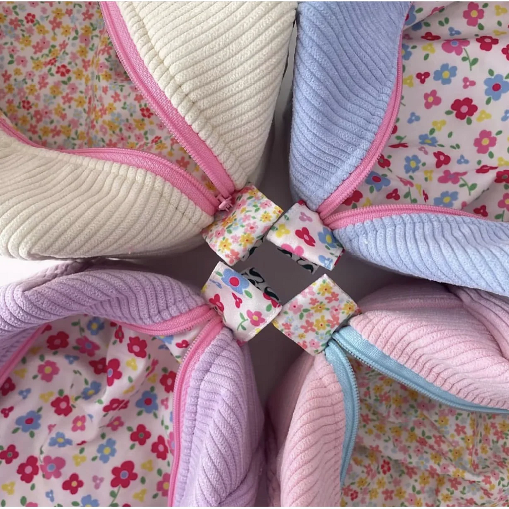 Women Portable Makeup Bag Large Travel Toiletry Organizer Pouch Checkered Strip Corduroy Cosmetic Bag with Floral Lining