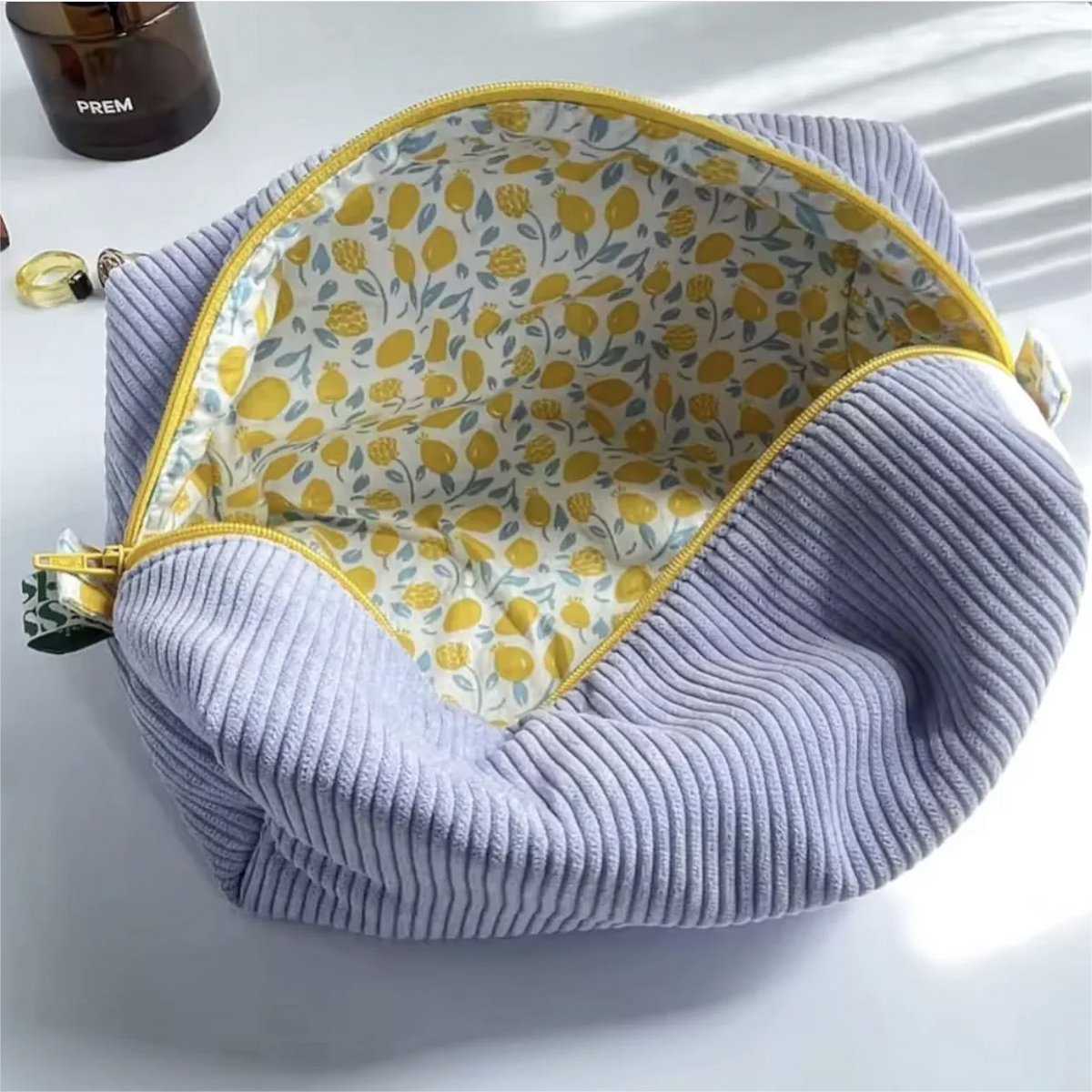 Women Portable Makeup Bag Large Travel Toiletry Organizer Pouch Checkered Strip Corduroy Cosmetic Bag with Floral Lining