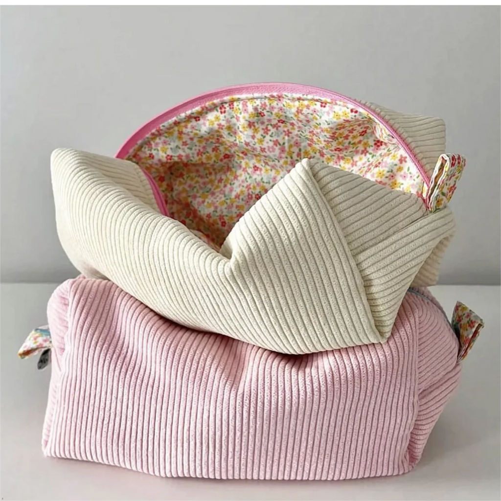 Women Portable Makeup Bag Large Travel Toiletry Organizer Pouch Checkered Strip Corduroy Cosmetic Bag with Floral Lining
