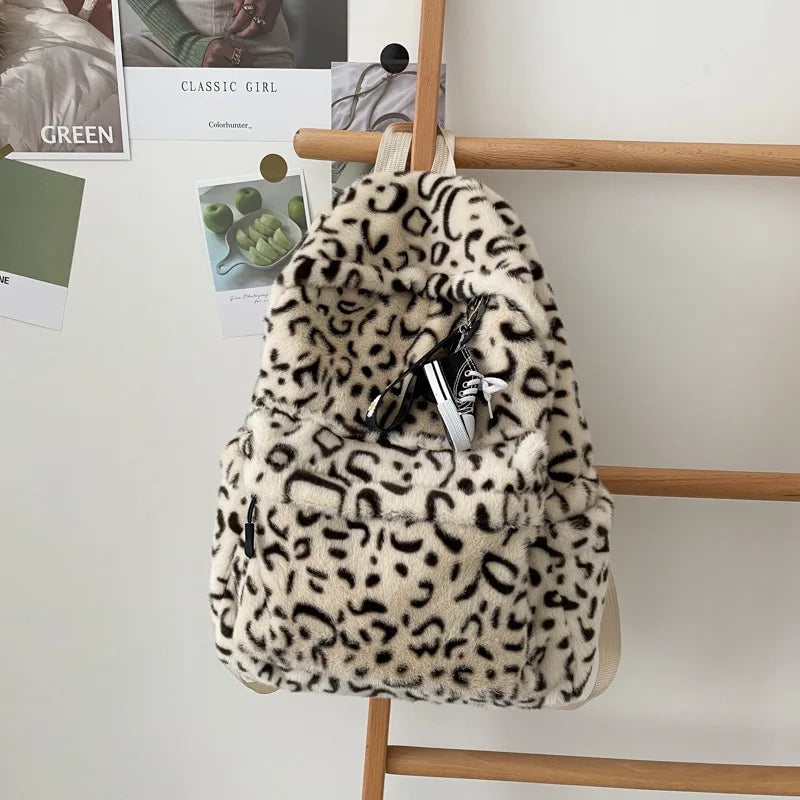 Women's Casual Leopard Print Faux Fur Backpack Zipper Closure Polyester Anti-Theft Feature Soft Tassel Padded Warm Shoulder Bag
