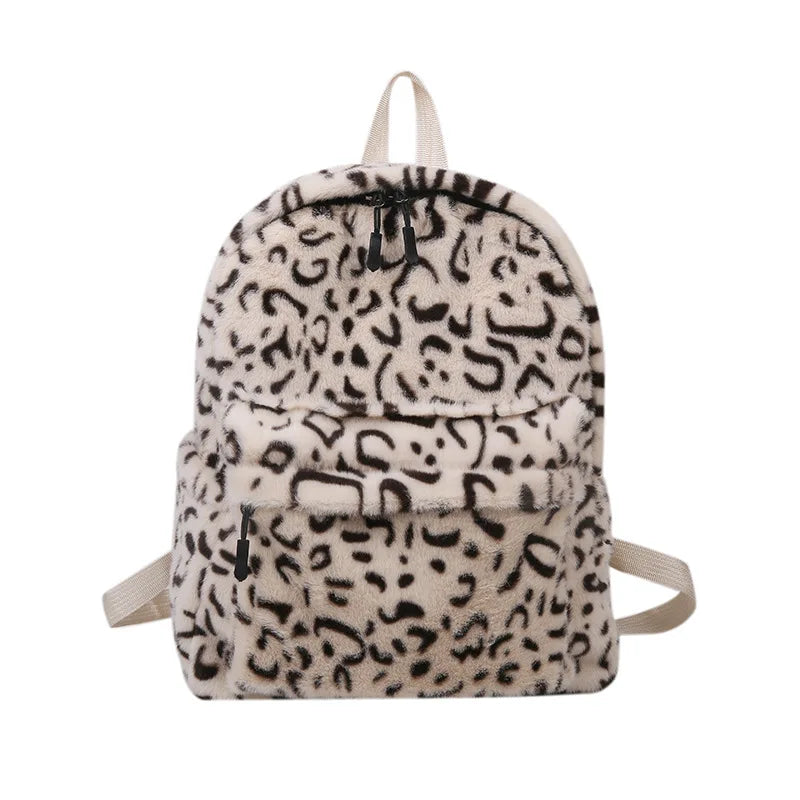 Women's Casual Leopard Print Faux Fur Backpack Zipper Closure Polyester Anti-Theft Feature Soft Tassel Padded Warm Shoulder Bag