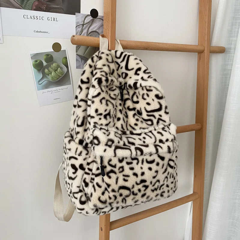 Women's Casual Leopard Print Faux Fur Backpack Zipper Closure Polyester Anti-Theft Feature Soft Tassel Padded Warm Shoulder Bag