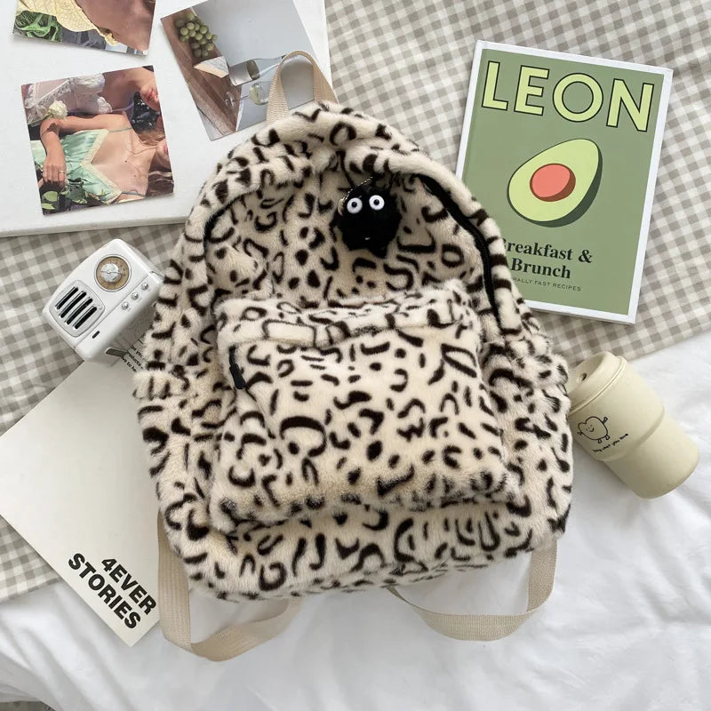Women's Casual Leopard Print Faux Fur Backpack Zipper Closure Polyester Anti-Theft Feature Soft Tassel Padded Warm Shoulder Bag
