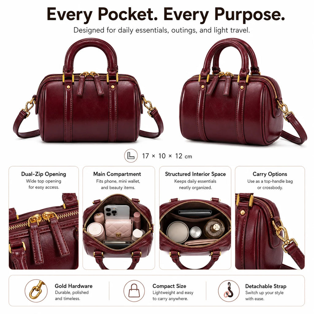 Women's PU Bowling Crossbody Bag with Zipper Closure Fashion Vintage Lady Style for Independent Retail Collections