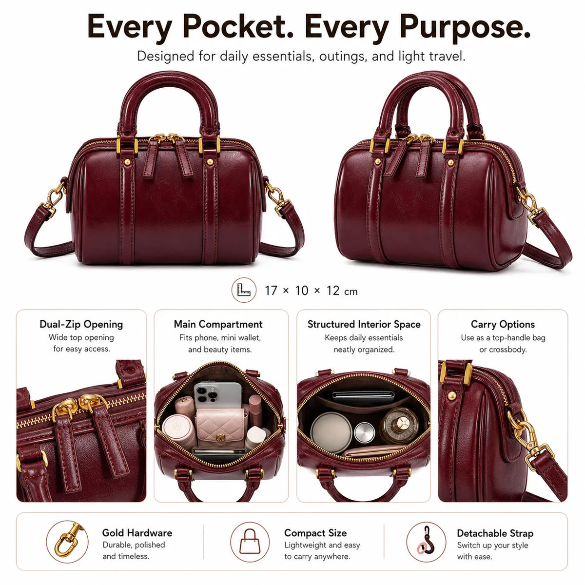 Women's PU Bowling Crossbody Bag with Zipper Closure Fashion Vintage Lady Style for Independent Retail Collections