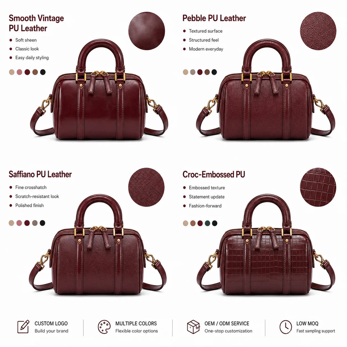Women's PU Bowling Crossbody Bag with Zipper Closure Fashion Vintage Lady Style for Independent Retail Collections