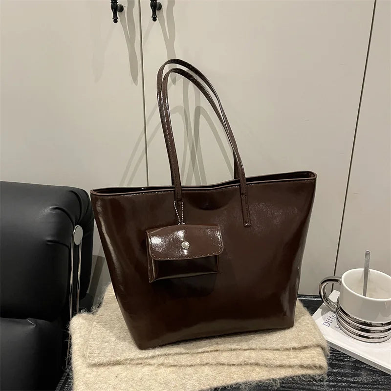 Women's PU Leather Tote Handbag Lightweight Open-Face Shoulder Fashion with Large Capacity and Polyester Lining