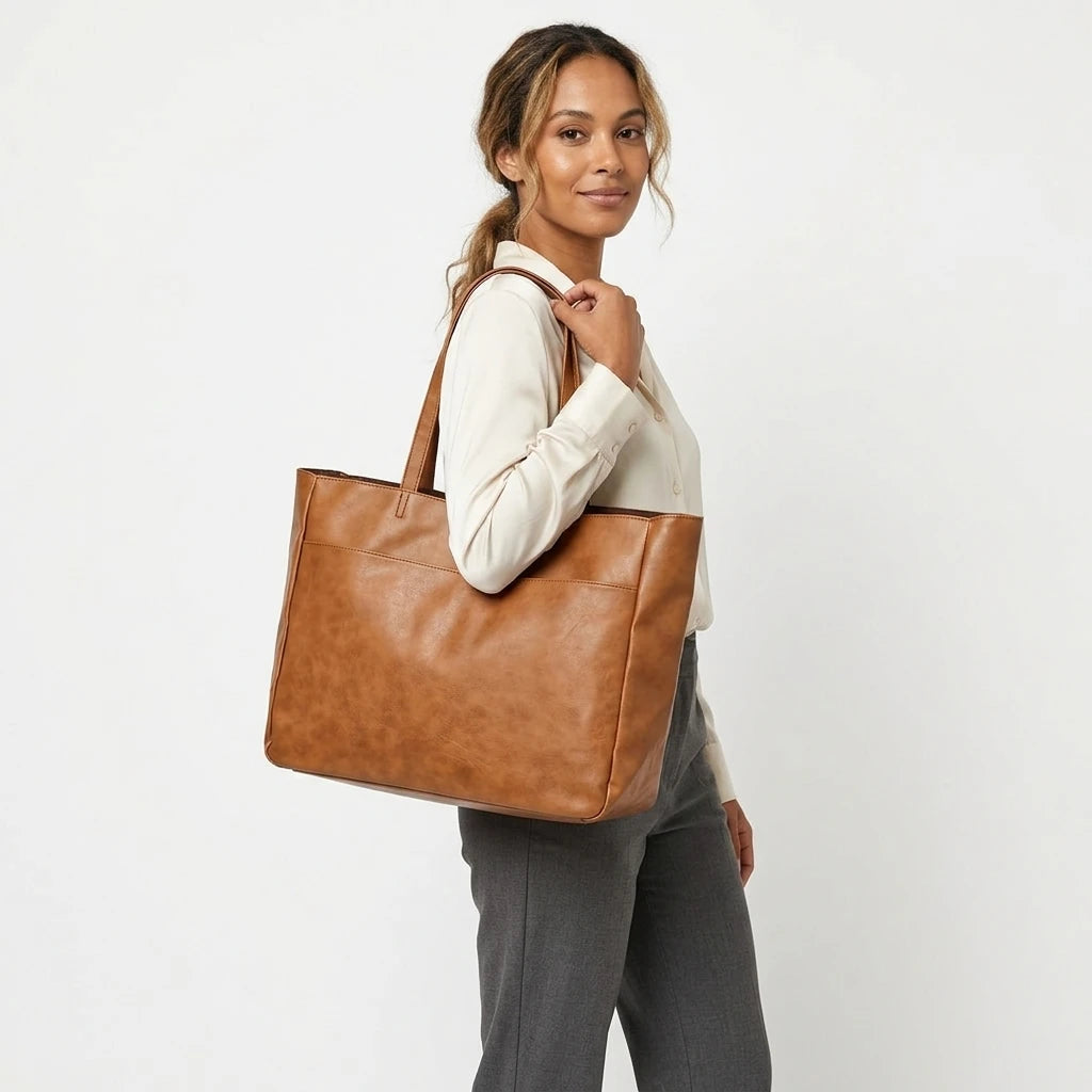 Women's Solid Color Business Tote Bag Autumn/Winter Embroidery Large Capacity Lightweight Bottle Holder Pockets Pu Totebag