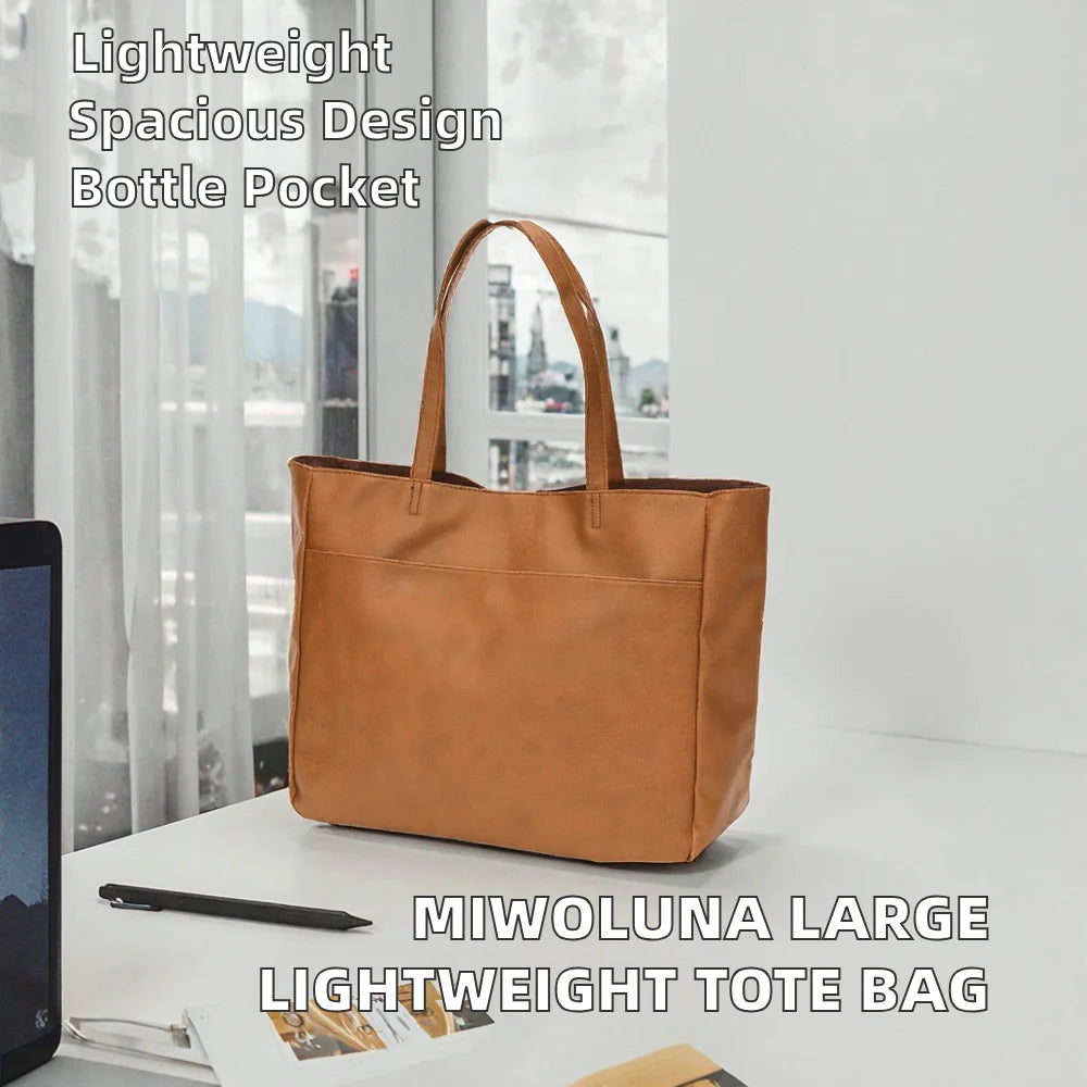 Women's Solid Color Business Tote Bag Autumn/Winter Embroidery Large Capacity Lightweight Bottle Holder Pockets Pu Totebag