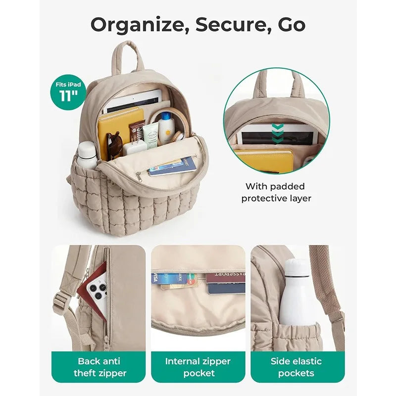 Women's Student Mini Backpack Puffy Lightweight Polyester Laptop Compartment Waterproof Summer Strap