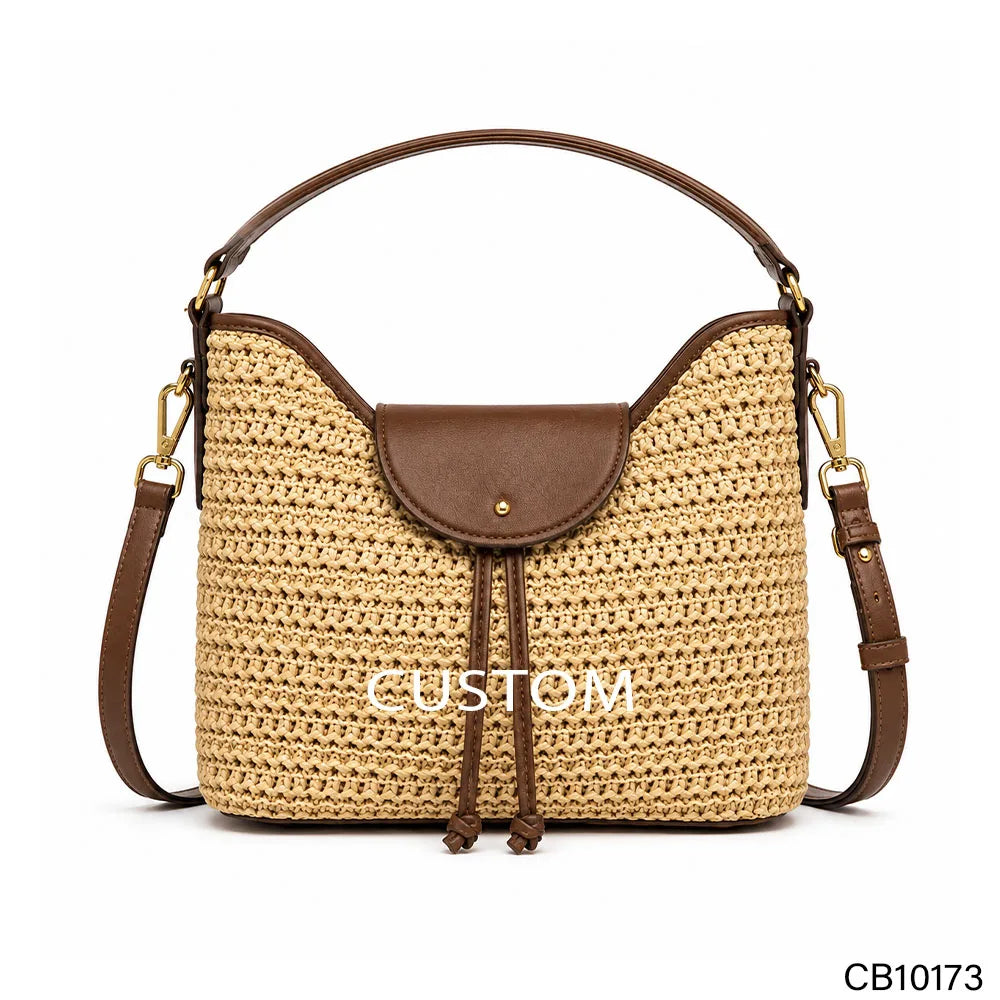 Woven Straw Bucket Bag Women's Raffia Hobo Handbag PU Leather Trim Gold-Tone Hardware Dual Carry OEM Custom Logo